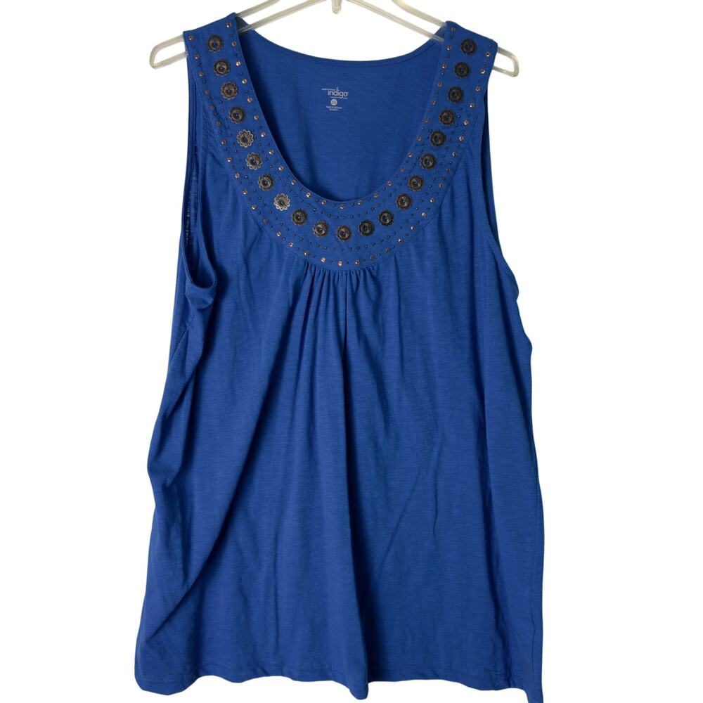 Indigo Blue‎ Embellished Neckline 2X Tank Top